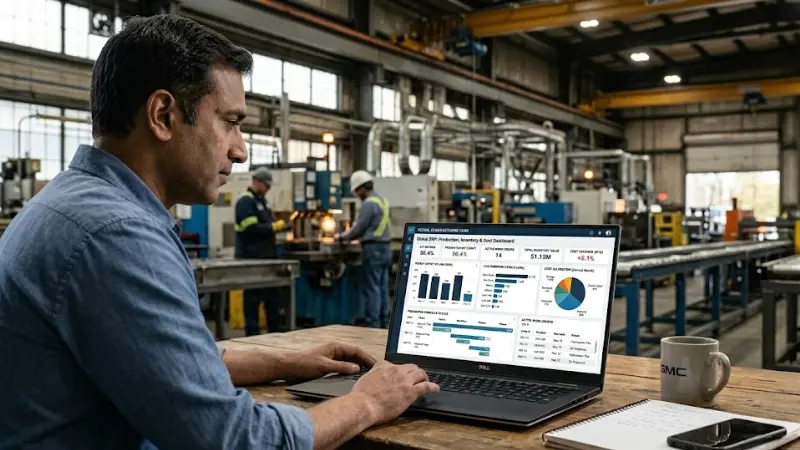 erp software dashboard for steel industry showing production and inventory analytics
